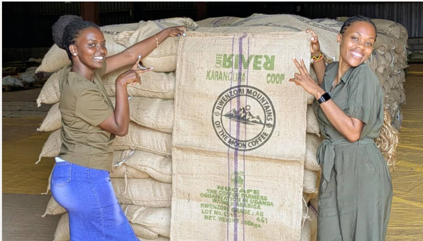 NUCAFE farmer cooperative members with export-ready coffee, Rwenzori Mountains